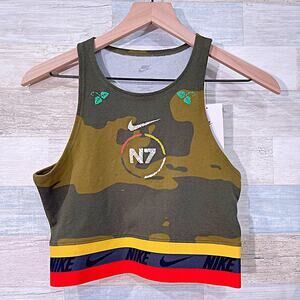 NIKE Sportswear N7 Crop Top Olive Brown Camo Cotton Activewear Gym Womens Small